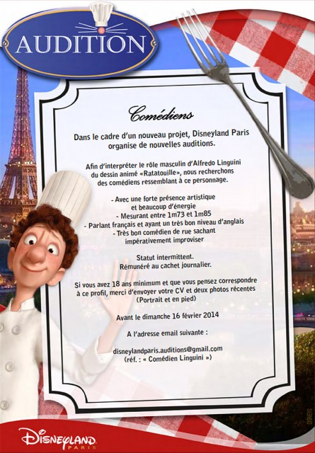 Disneyland Paris Ratatouille Linguini face character casting notice