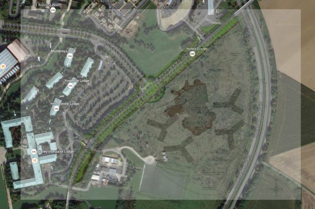 Disneyland Paris value hotel accommodation plan overlaid on current resort aerial (Google Maps)