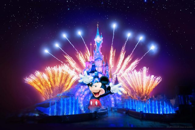 Mickey Mouse in Disney Illuminations nighttime spectacular at Disneyland Paris