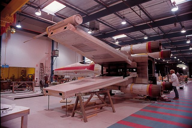 Star Tours X-wing under construction in the early 1990s