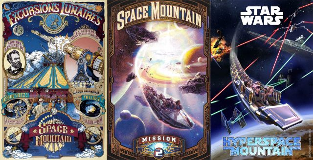 Every Disneyland Paris Space Mountain poster: De la Terre à la Lune, Mission 2, Star Wars Hyperspace Mountain: Rebel Mission