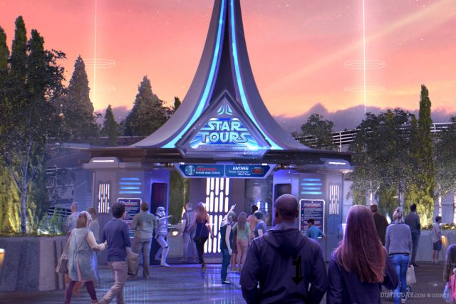 Star Tours: The Adventures Continue L'Aventure Continue Disneyland Paris exterior artwork rendering night